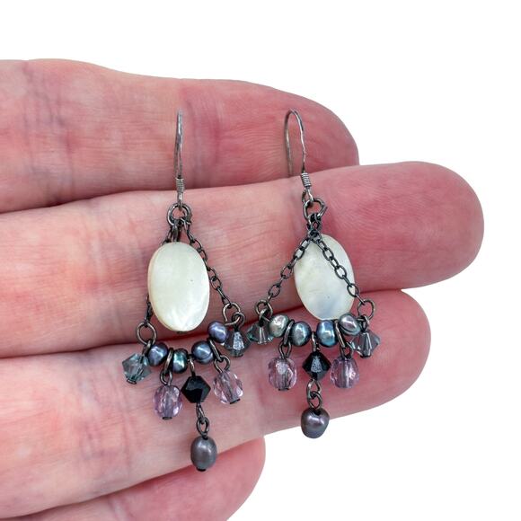 Estate Sterling Silver 925 Mother of Pearl Amethyst Onyx Chandelier Earrings - Picture 1 of 8